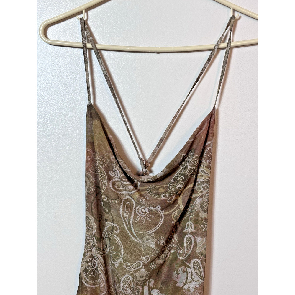 Y2K Brown Paisley Satin Slip Dress Womens Small Cowl Neck Strappy Fairy Grunge - Picture 2 of 11